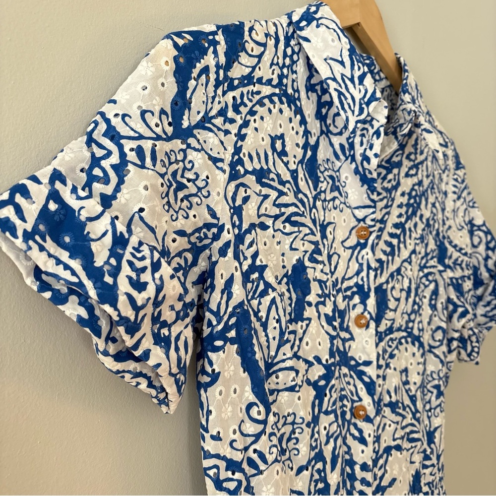 Zara Eyelet Blue White Paisley Summer Midi Dress Size XS Boho Vacation Dress - Picture 10 of 13
